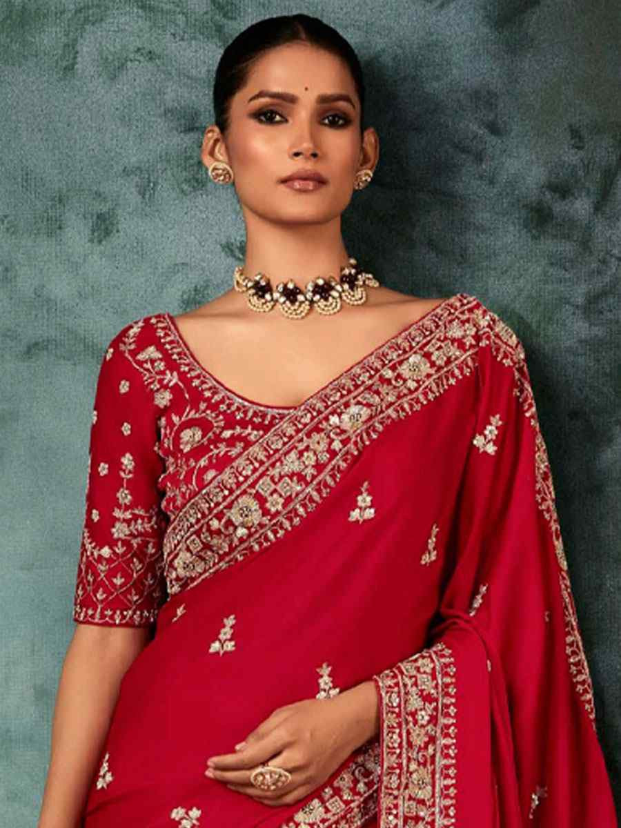 Red Pure Silk Embroidery Bridal Reception Festival Wedding Fancy Classic Heavy Border Saree