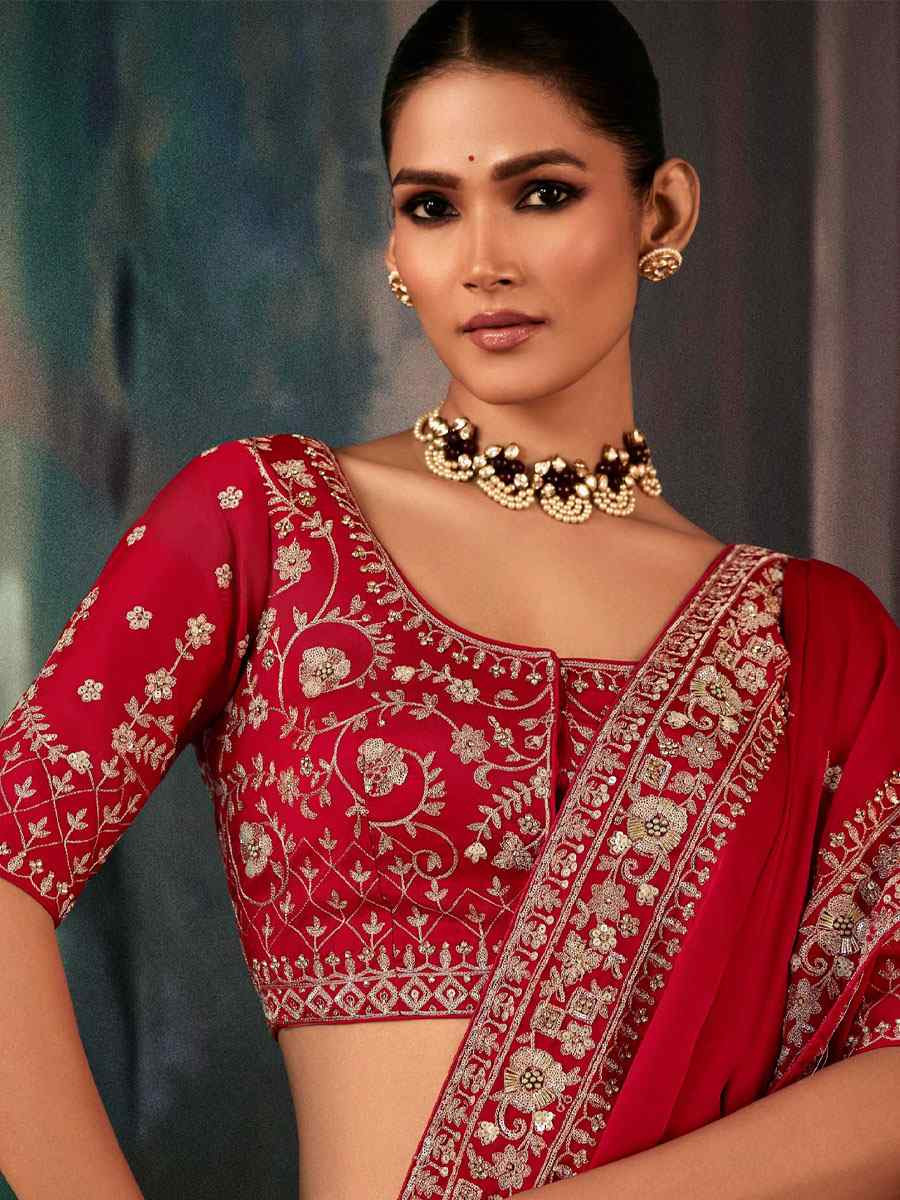 Red Pure Silk Embroidery Bridal Reception Festival Wedding Fancy Classic Heavy Border Saree