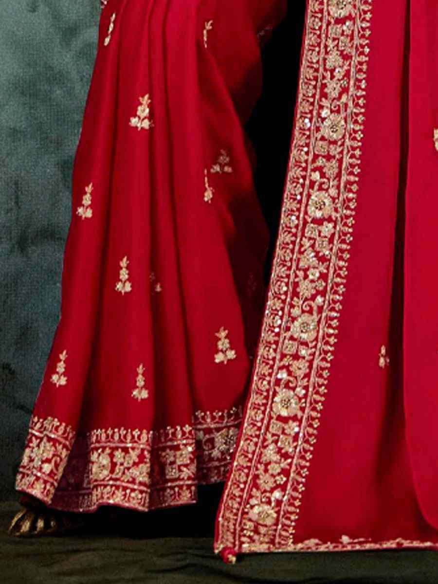 Red Pure Silk Embroidery Bridal Reception Festival Wedding Fancy Classic Heavy Border Saree