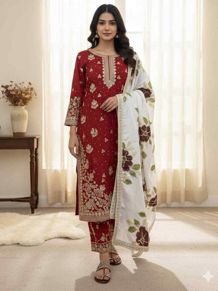 Image of Red Pure Silk Embroidery Party Wedding Festival Casual Ready Palazzo Pant Salwar Kameez