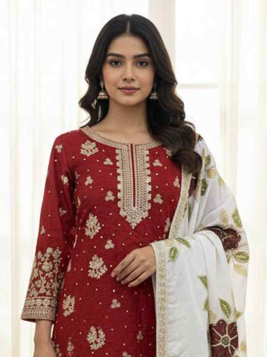 Red Pure Silk Embroidery Party Wedding Festival Casual Ready Palazzo Pant Salwar Kameez