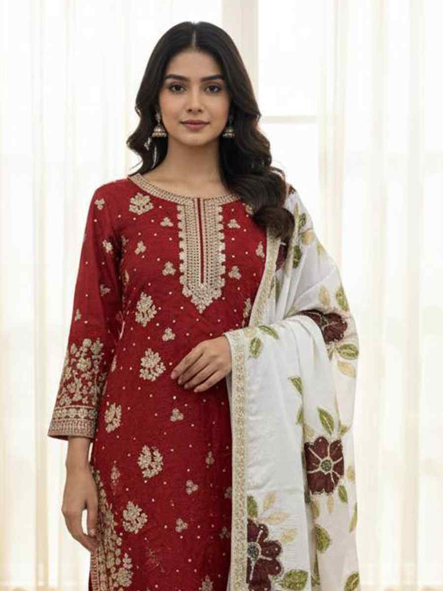 Red Pure Silk Embroidery Party Wedding Festival Casual Ready Palazzo Pant Salwar Kameez