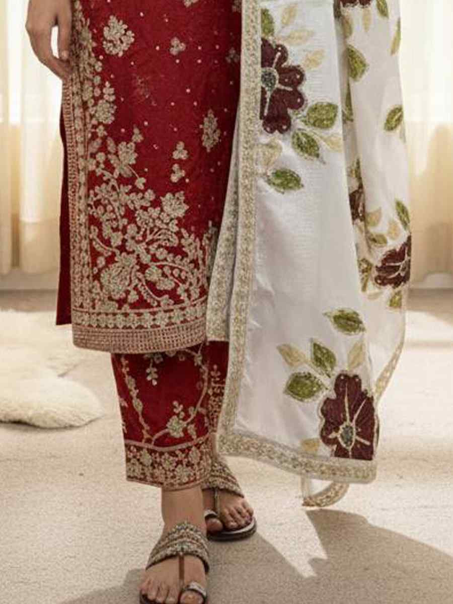 Red Pure Silk Embroidery Party Wedding Festival Casual Ready Palazzo Pant Salwar Kameez