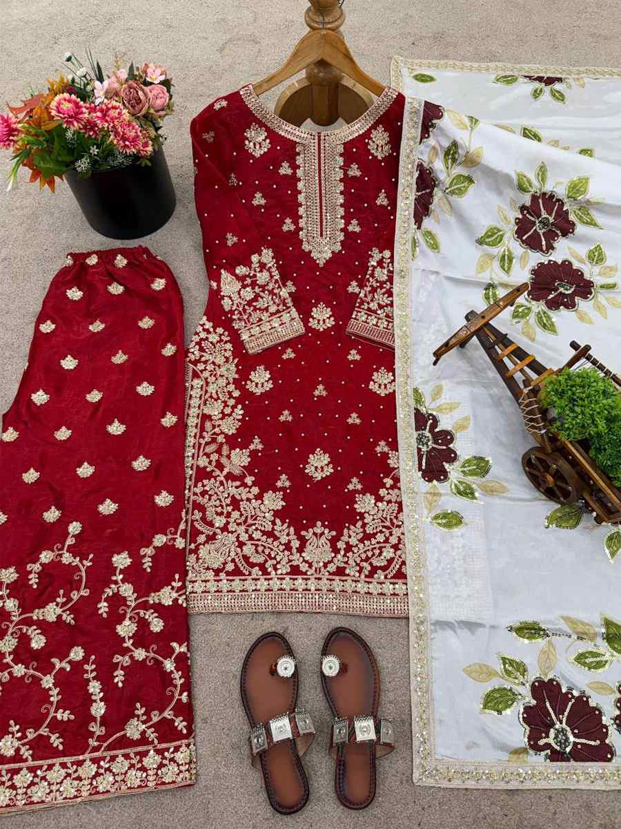 Red Pure Silk Embroidery Party Wedding Festival Casual Ready Palazzo Pant Salwar Kameez