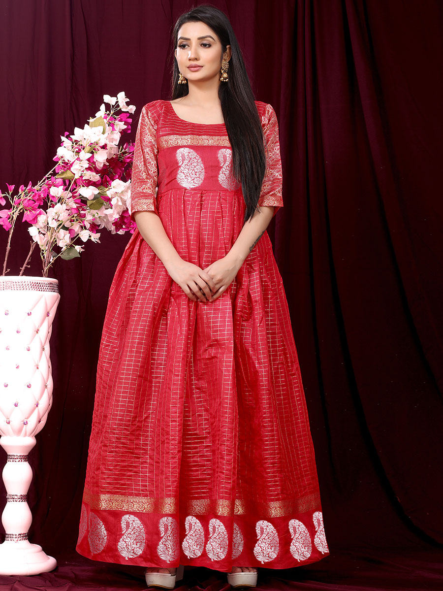 Red Pure Silk Handwoven Festival Gown