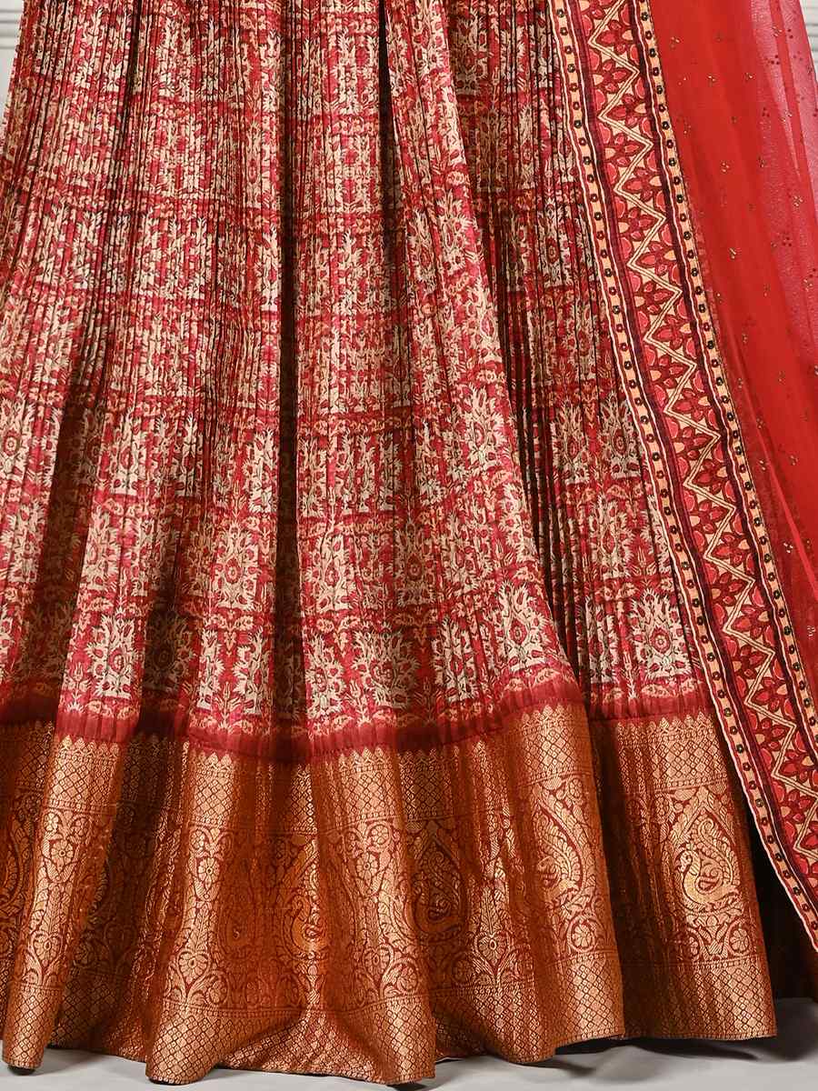 Red Pure Silk Printed Mehendi Festival Circular Lehenga Choli