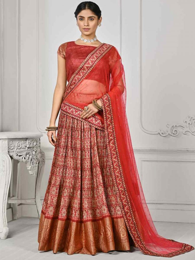 Red Pure Silk Printed Mehendi Festival Circular Lehenga Choli