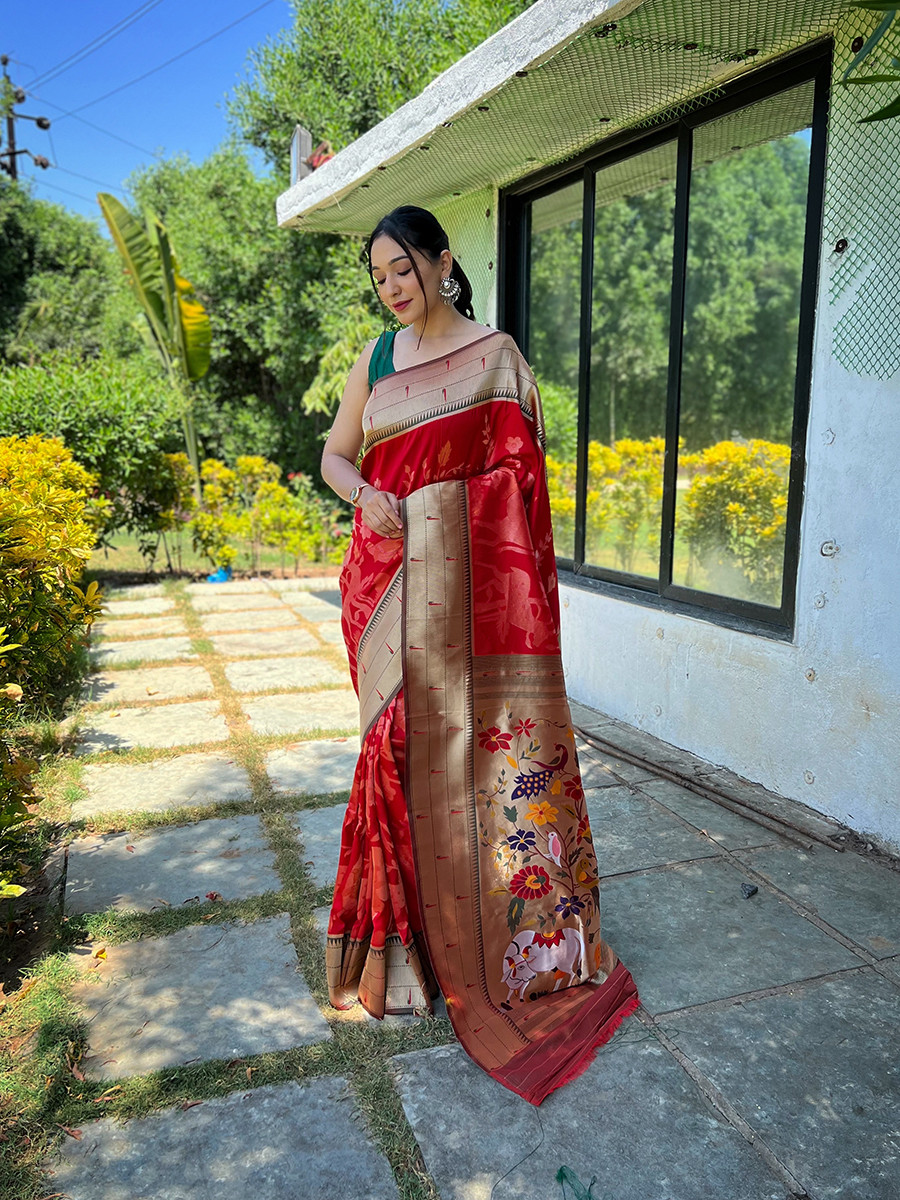Red Pure Soft Paithani Silk Zari Wedding Reception Party Festival Casual Heavy Border Sarees