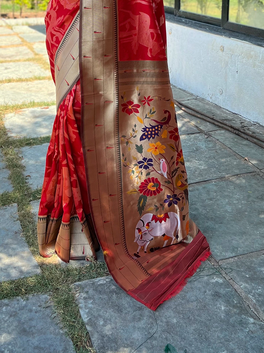 Red Pure Soft Paithani Silk Zari Wedding Reception Party Festival Casual Heavy Border Sarees