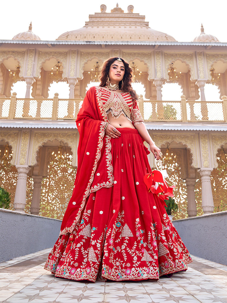 Red Pure Vichitra Silk Embroidery Sequins Zari Wedding Party Festival Heavy Border Lehenga Choli