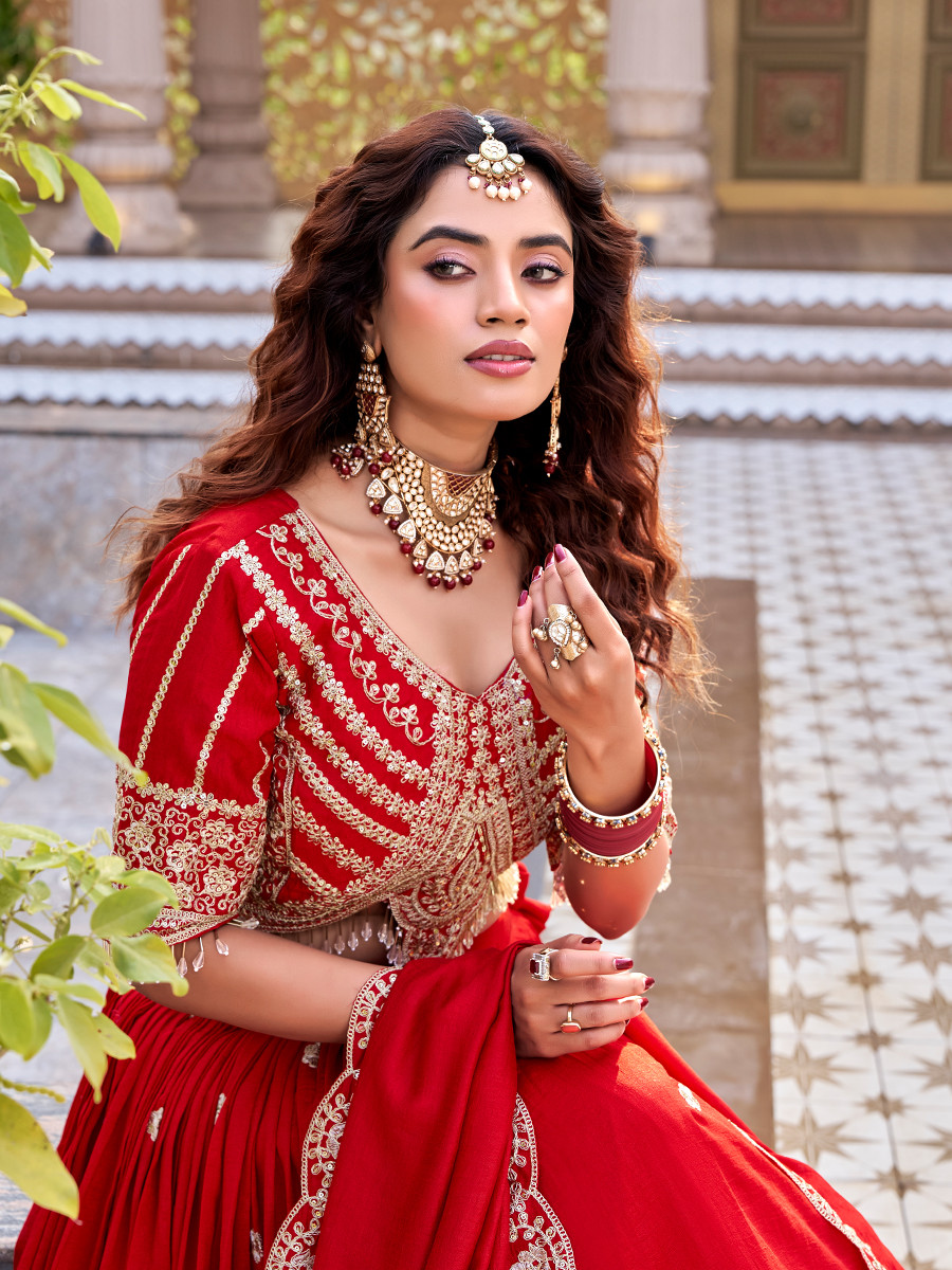 Red Pure Vichitra Silk Embroidery Sequins Zari Wedding Party Festival Heavy Border Lehenga Choli