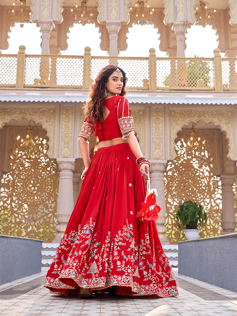 Red Pure Vichitra Silk Embroidery Sequins Zari Wedding Party Festival Heavy Border Lehenga Choli