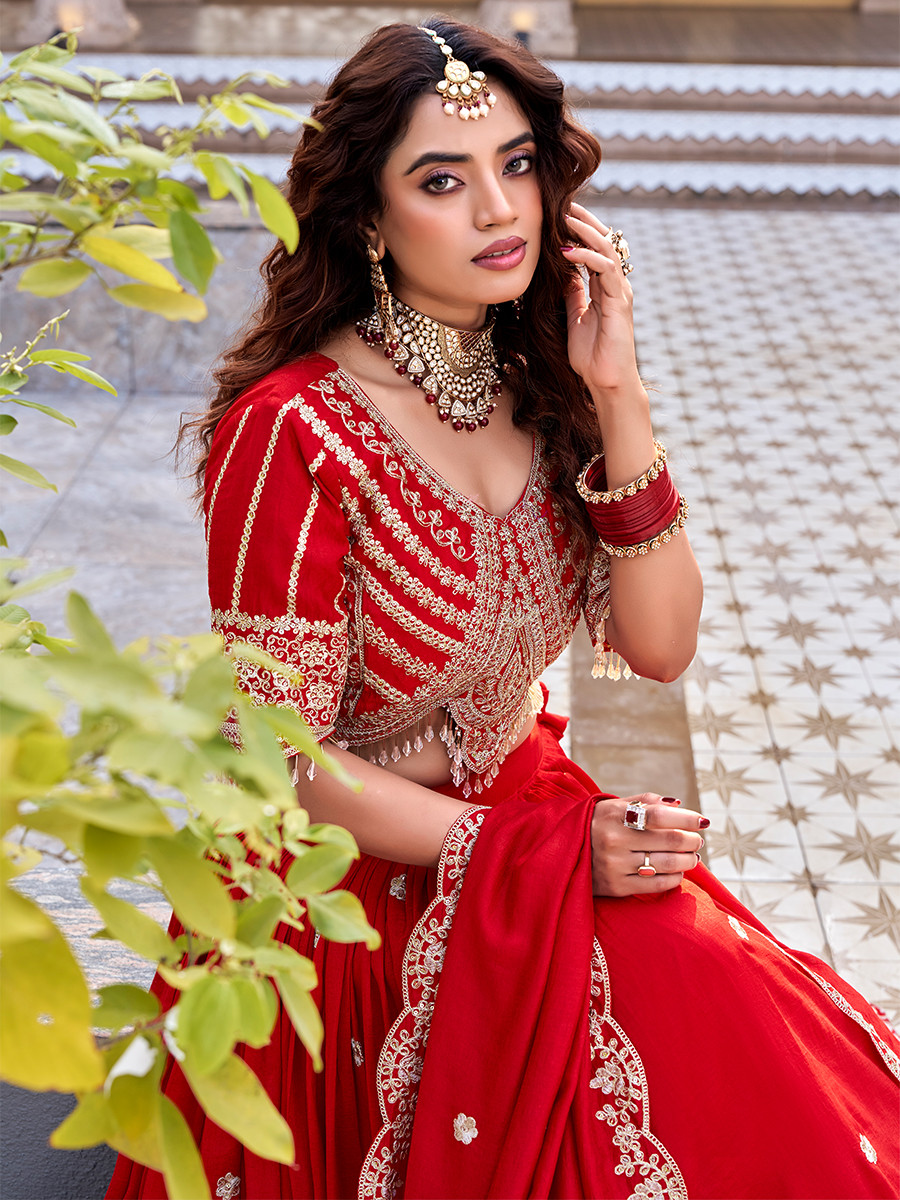 Red Pure Vichitra Silk Embroidery Sequins Zari Wedding Party Festival Heavy Border Lehenga Choli