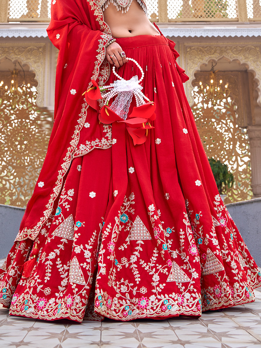 Red Pure Vichitra Silk Embroidery Sequins Zari Wedding Party Festival Heavy Border Lehenga Choli