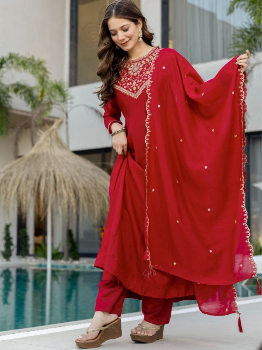 Red Pure Vichitra Silk Embroidery Wedding Party Festival Ready Pant Salwar Kameez