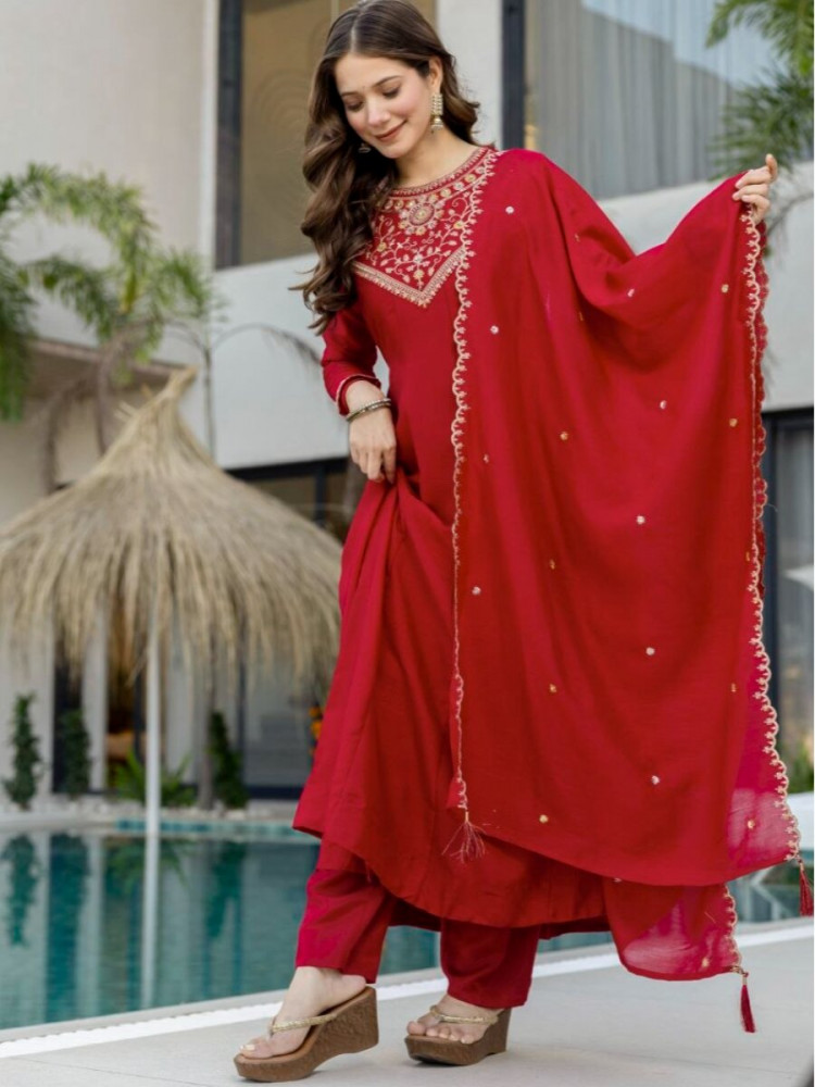 Image of Red Pure Vichitra Silk Embroidery Wedding Party Festival Ready Pant Salwar Kameez
