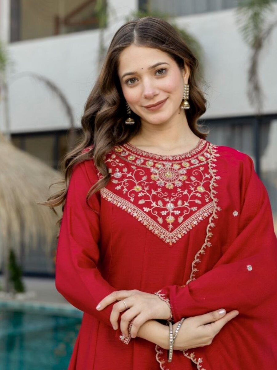 Red Pure Vichitra Silk Embroidery Wedding Party Festival Ready Pant Salwar Kameez