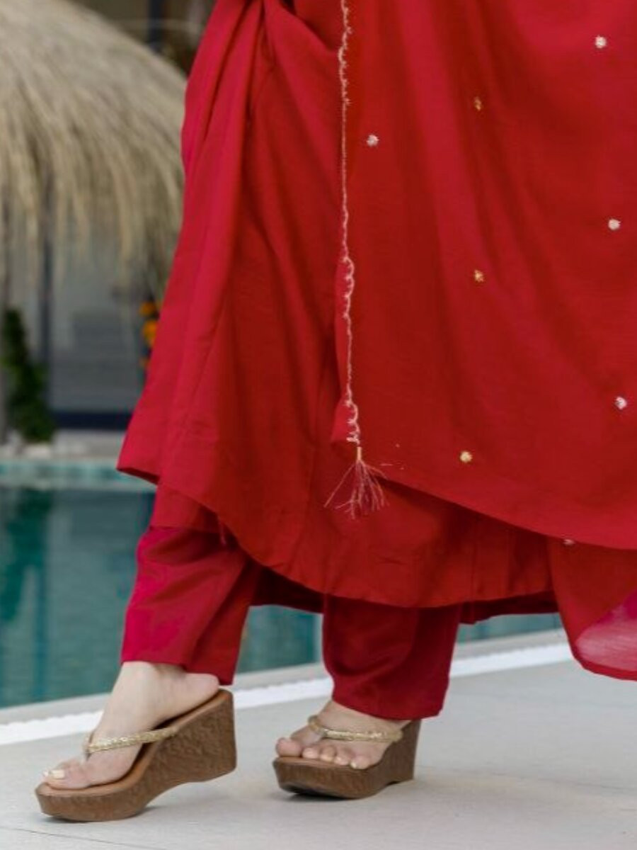 Red Pure Vichitra Silk Embroidery Wedding Party Festival Ready Pant Salwar Kameez