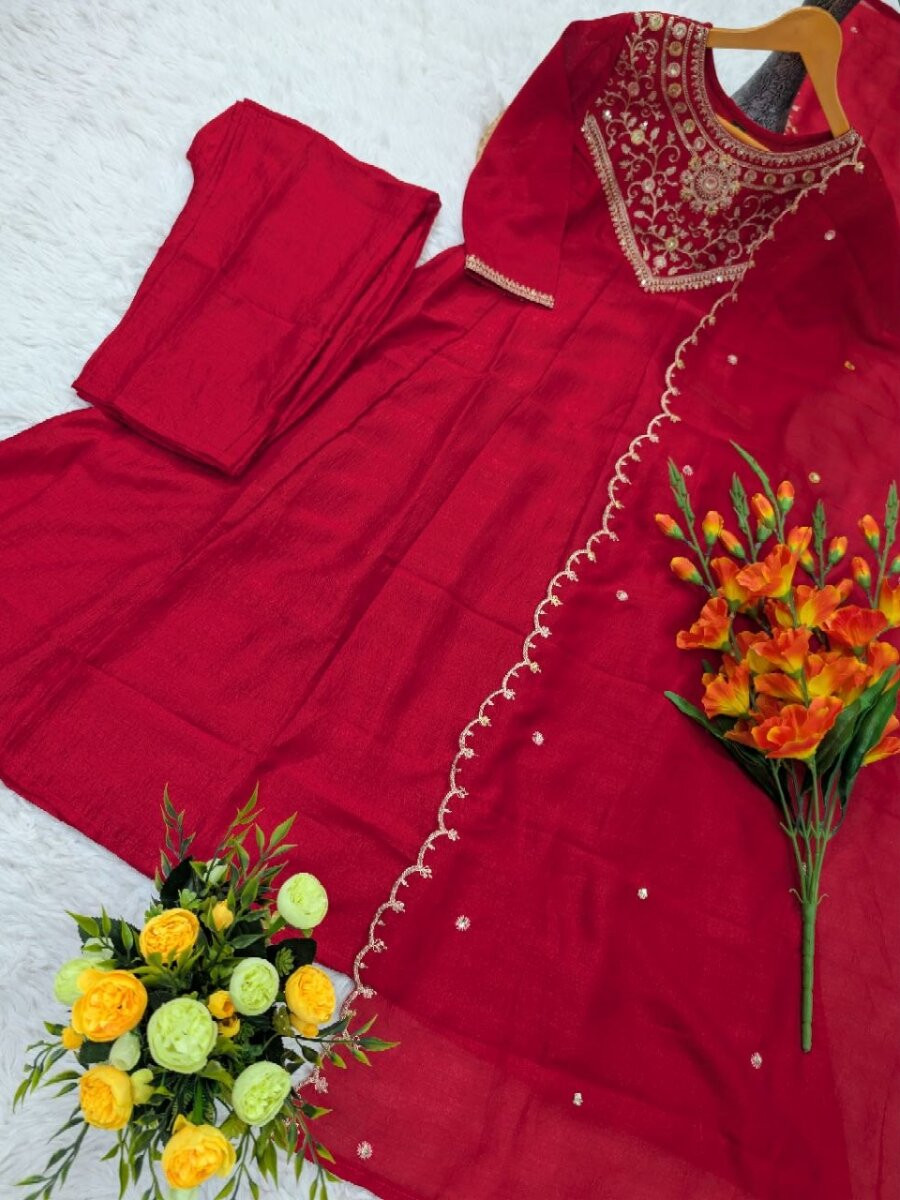 Red Pure Vichitra Silk Embroidery Wedding Party Festival Ready Pant Salwar Kameez