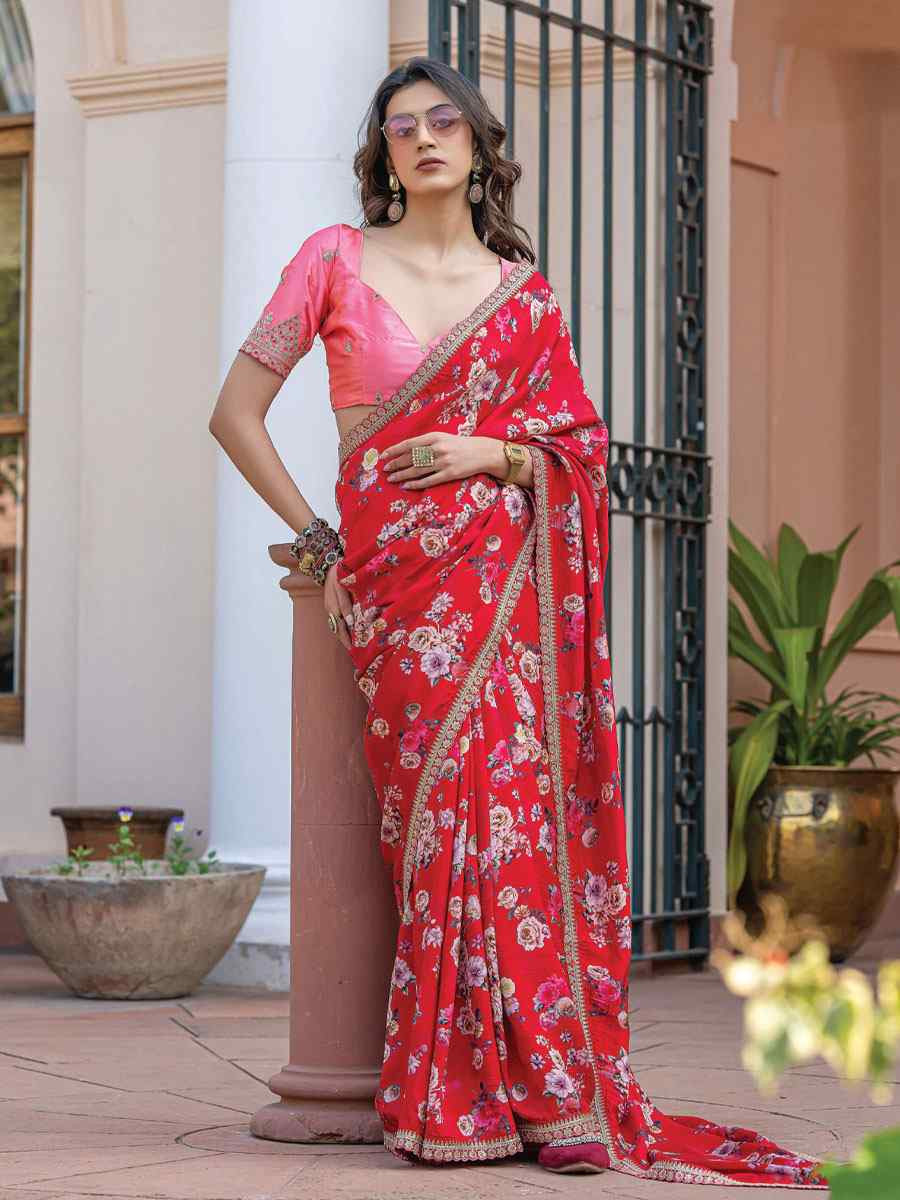 Red Pure Viscose Dola Silk Embroidery Casual Festival Party Heavy Border Sarees