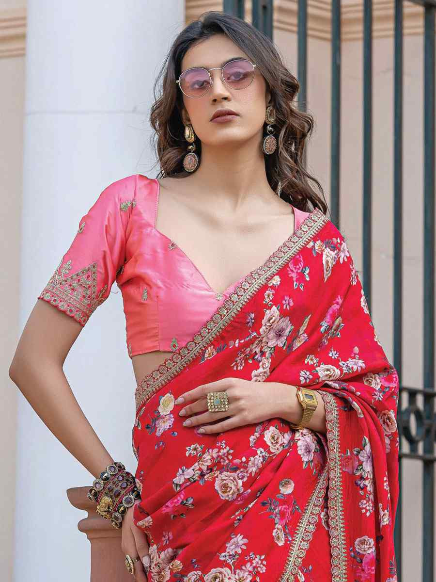 Red Pure Viscose Dola Silk Embroidery Casual Festival Party Heavy Border Sarees