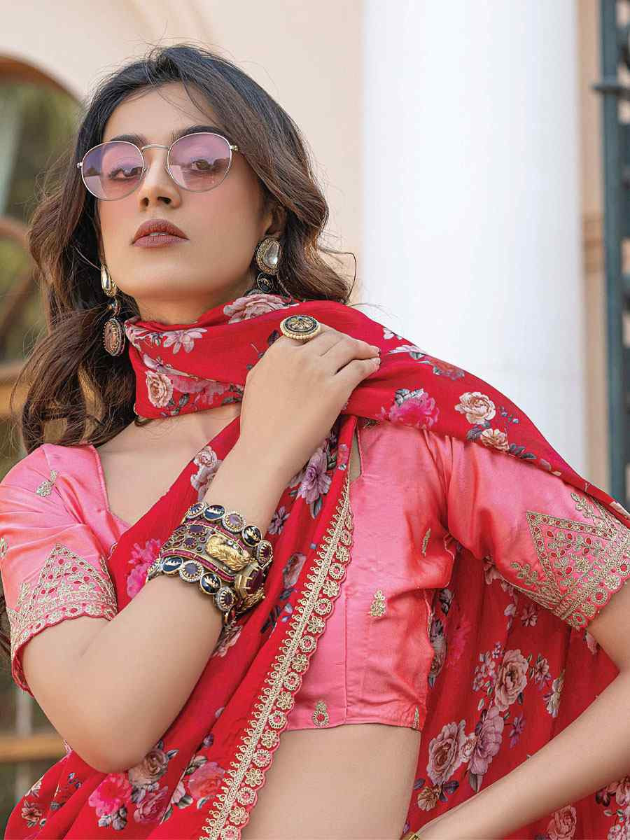 Red Pure Viscose Dola Silk Embroidery Casual Festival Party Heavy Border Sarees