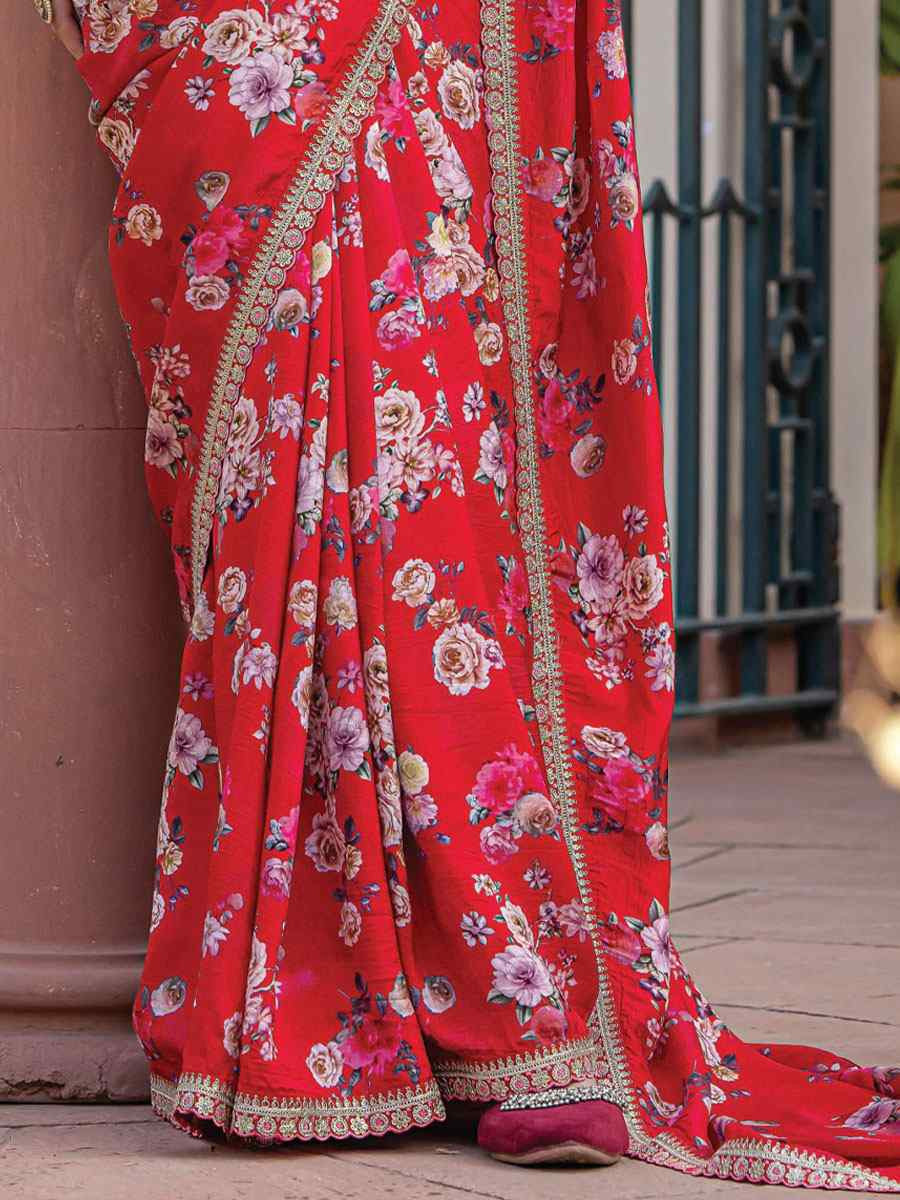 Red Pure Viscose Dola Silk Embroidery Casual Festival Party Heavy Border Sarees
