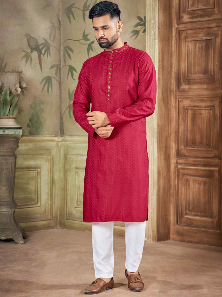 Red Pure Viscose Embroidered Festival Casual Kurta