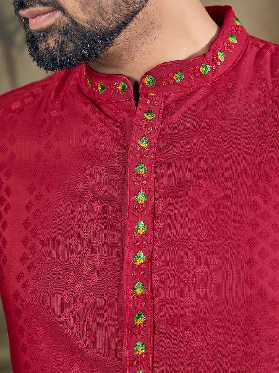 Red Pure Viscose Embroidered Festival Casual Kurta