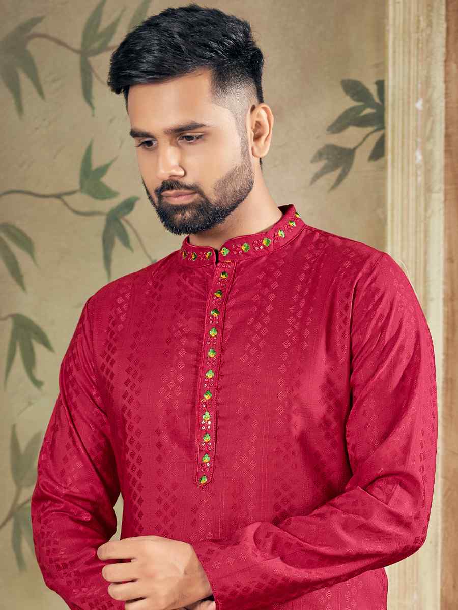 Red Pure Viscose Embroidered Festival Casual Kurta