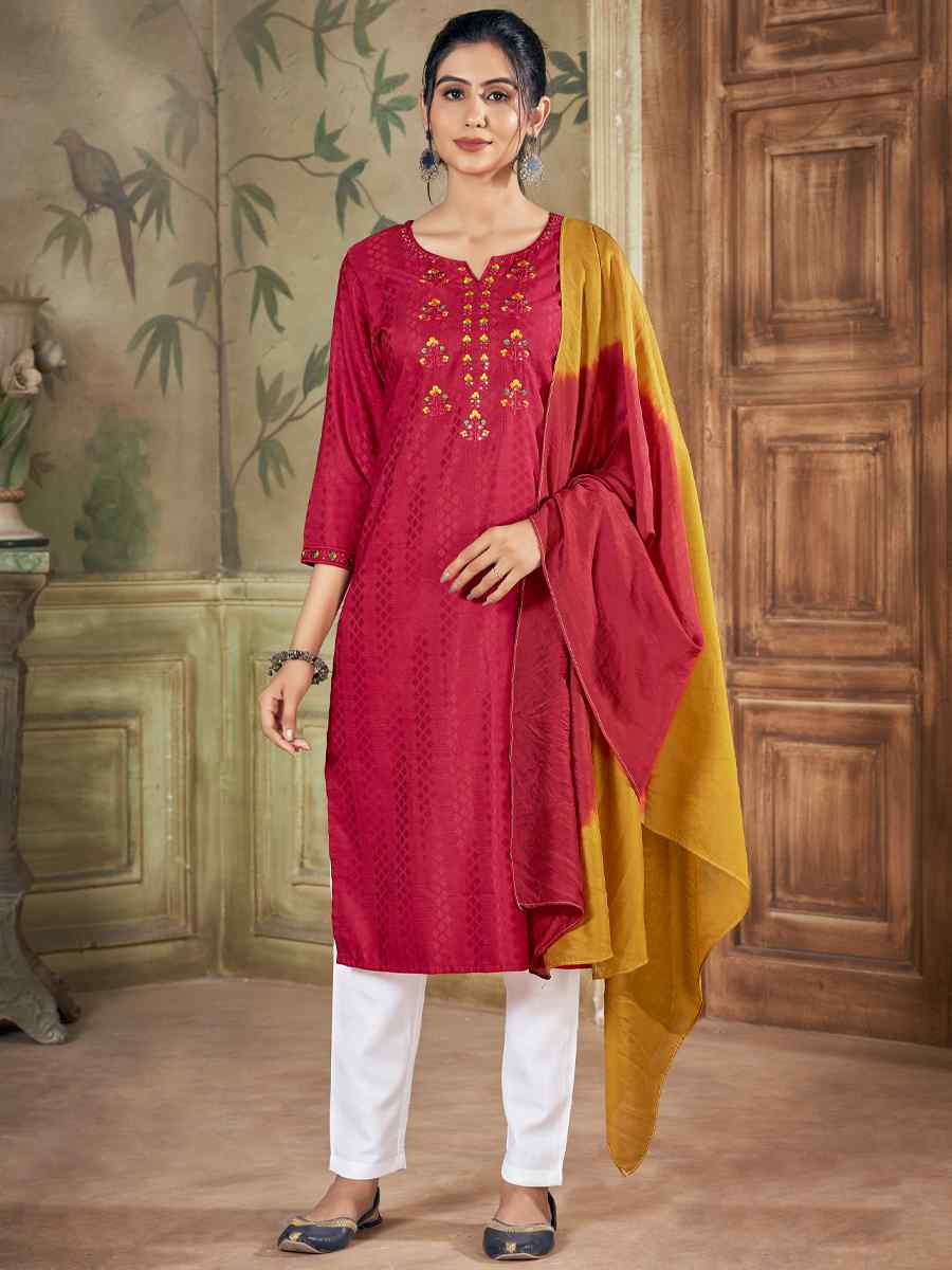 Red Pure Viscose Embroidered Festival Casual Ready Pant Salwar Kameez