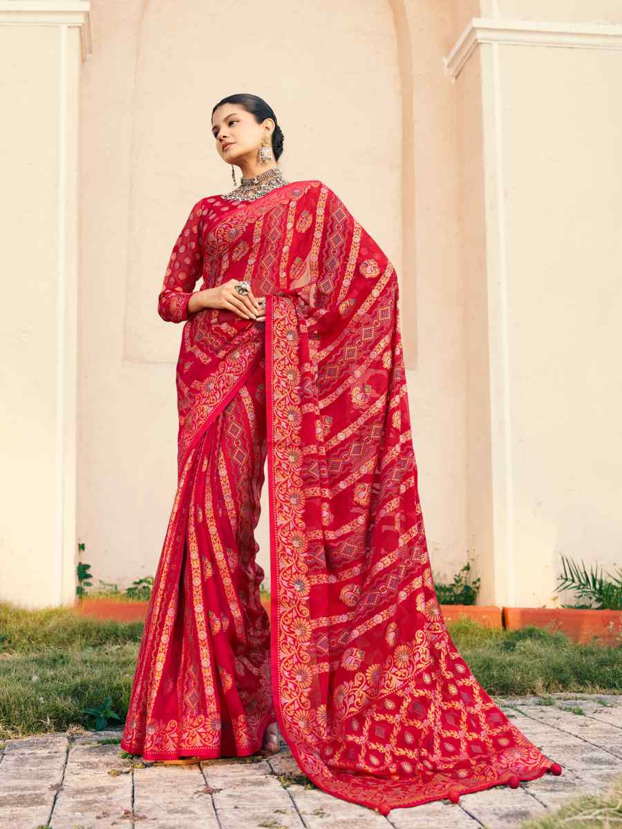 Red PV Georgette Handwoven Festival Party Classic Style Saree