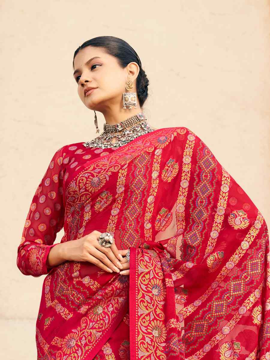 Red PV Georgette Handwoven Festival Party Classic Style Saree