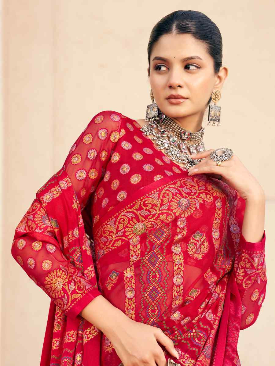 Red PV Georgette Handwoven Festival Party Classic Style Saree
