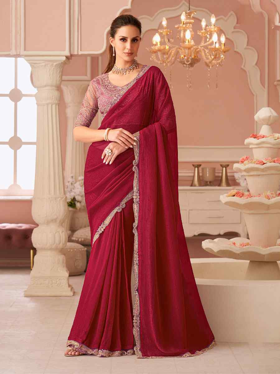 Red Rainbow Georgette Embroidery Bridal Reception Festival Wedding Fancy Heavy Border Saree