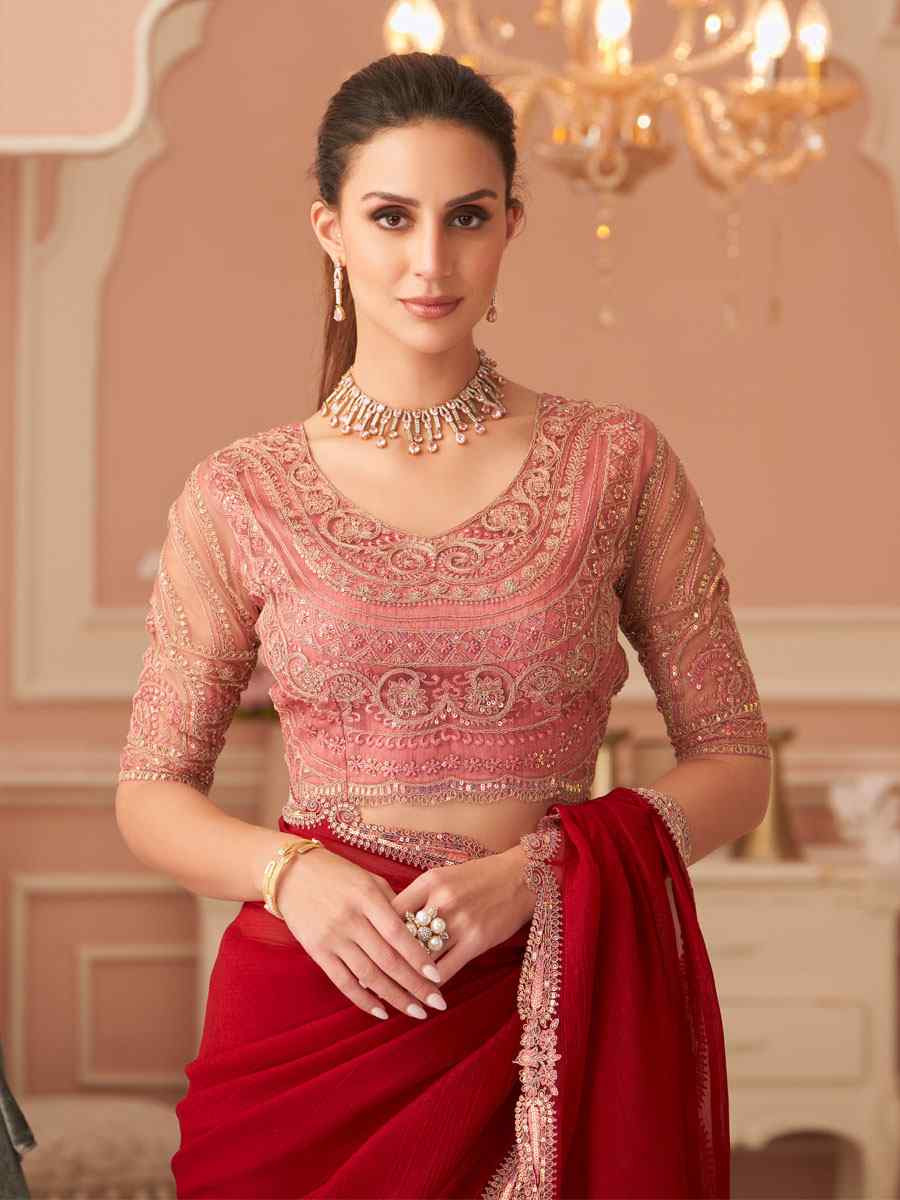 Red Rainbow Georgette Embroidery Bridal Reception Festival Wedding Fancy Heavy Border Saree