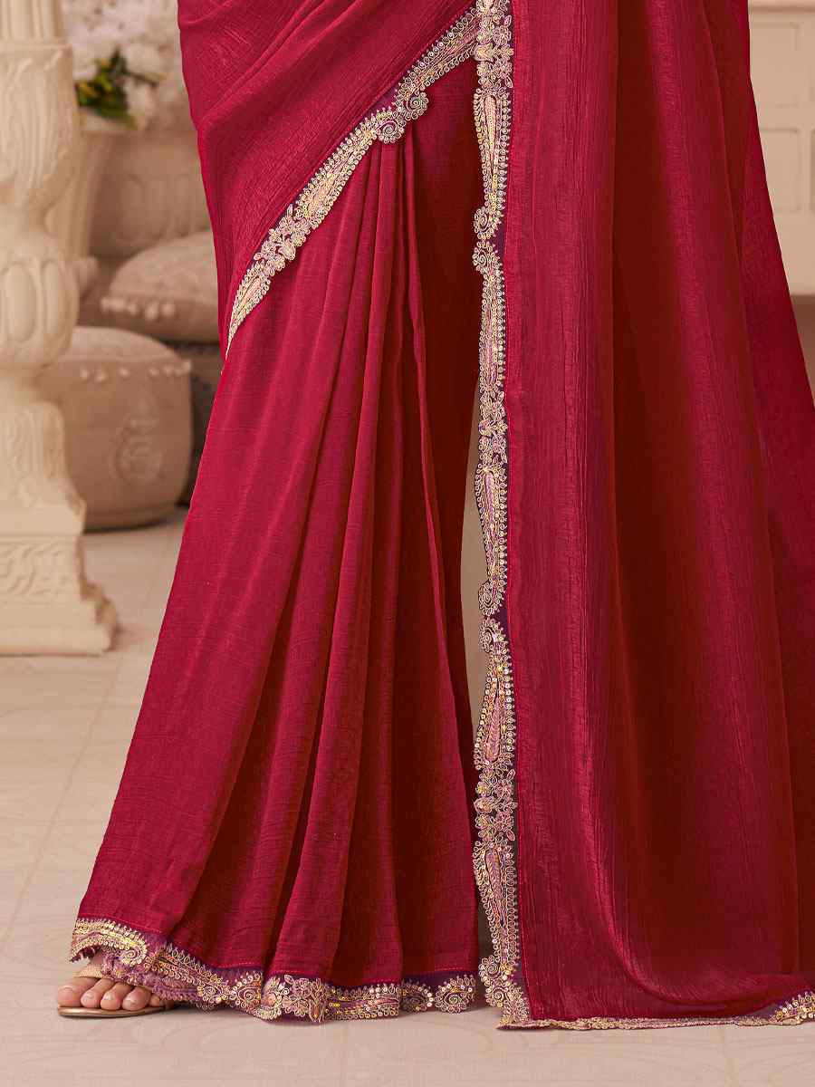 Red Rainbow Georgette Embroidery Bridal Reception Festival Wedding Fancy Heavy Border Saree