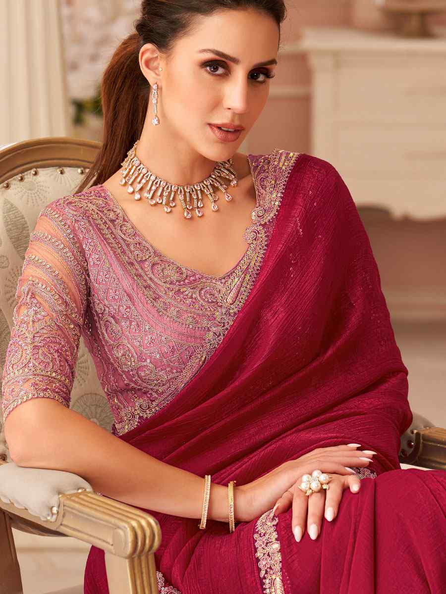 Red Rainbow Georgette Embroidery Bridal Reception Festival Wedding Fancy Heavy Border Saree