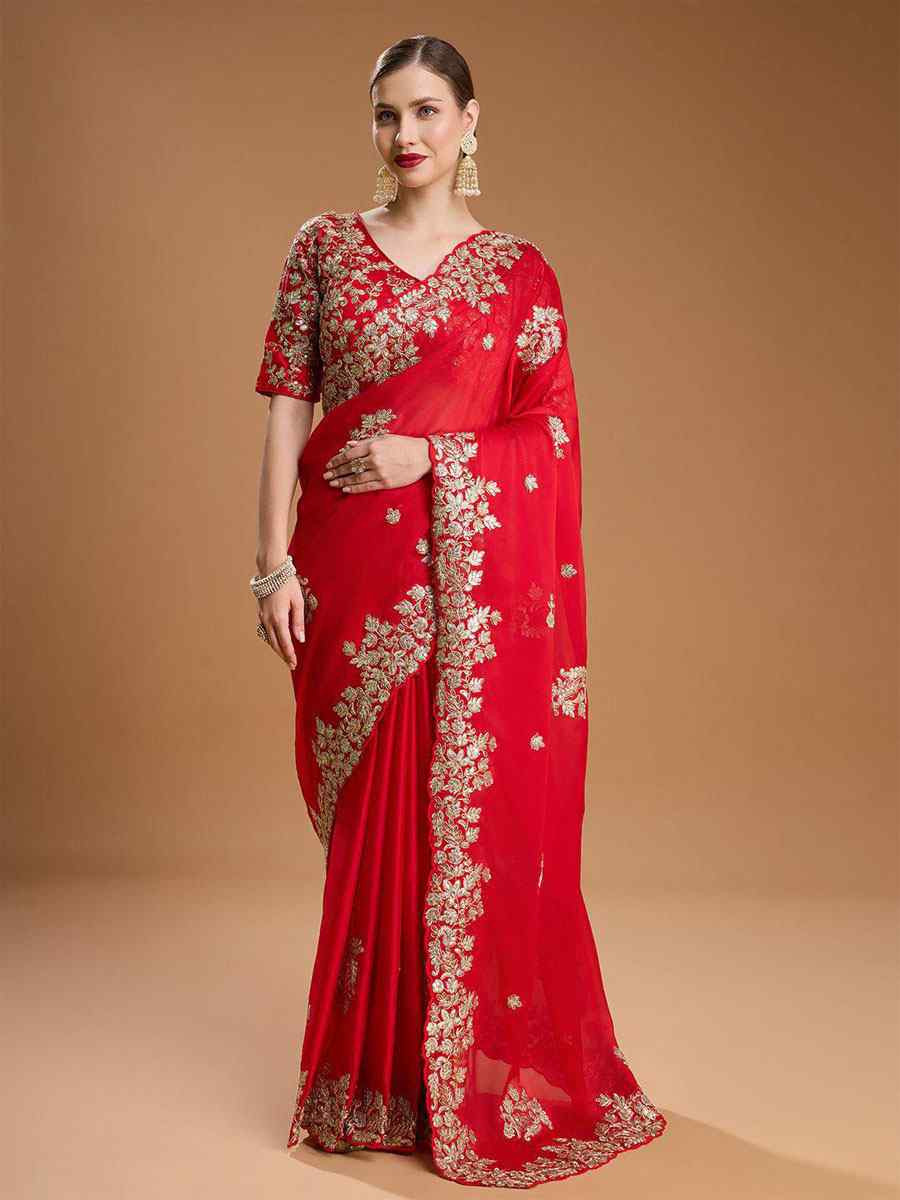 Red Rangoli Silk Embroidery Casual Reception Festival Wedding Fancy Heavy Border Sarees