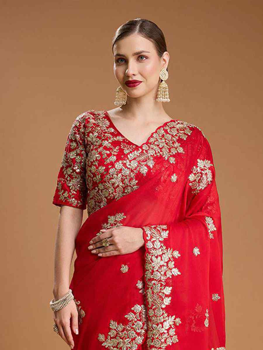 Red Rangoli Silk Embroidery Casual Reception Festival Wedding Fancy Heavy Border Sarees