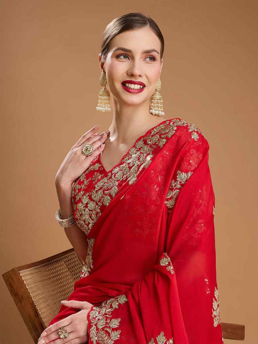 Red Rangoli Silk Embroidery Casual Reception Festival Wedding Fancy Heavy Border Sarees