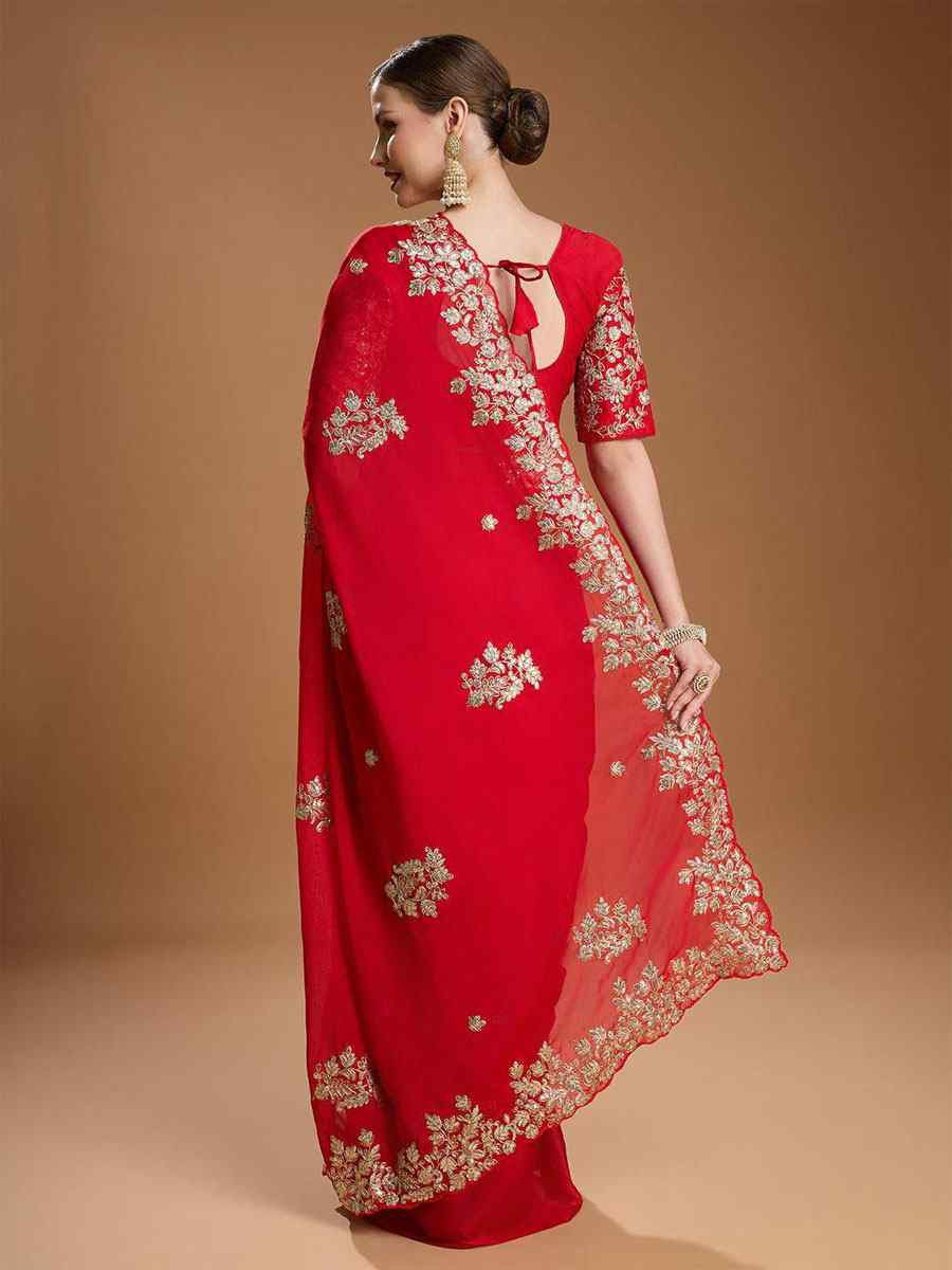 Red Rangoli Silk Embroidery Casual Reception Festival Wedding Fancy Heavy Border Sarees