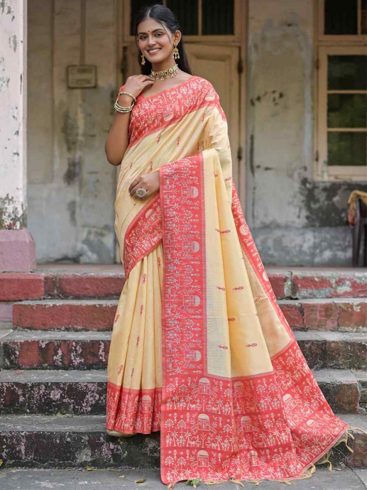 Red Raw Silk Handwoven Casual Festival Classic Style Saree