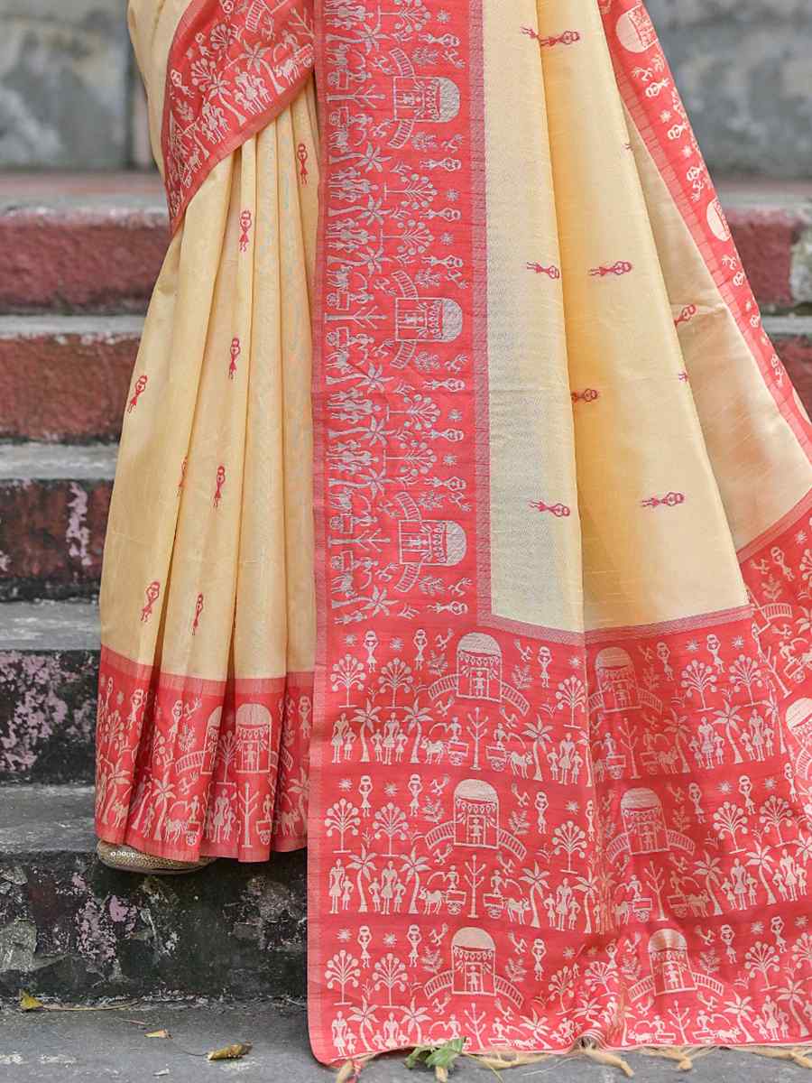Red Raw Silk Handwoven Casual Festival Classic Style Saree