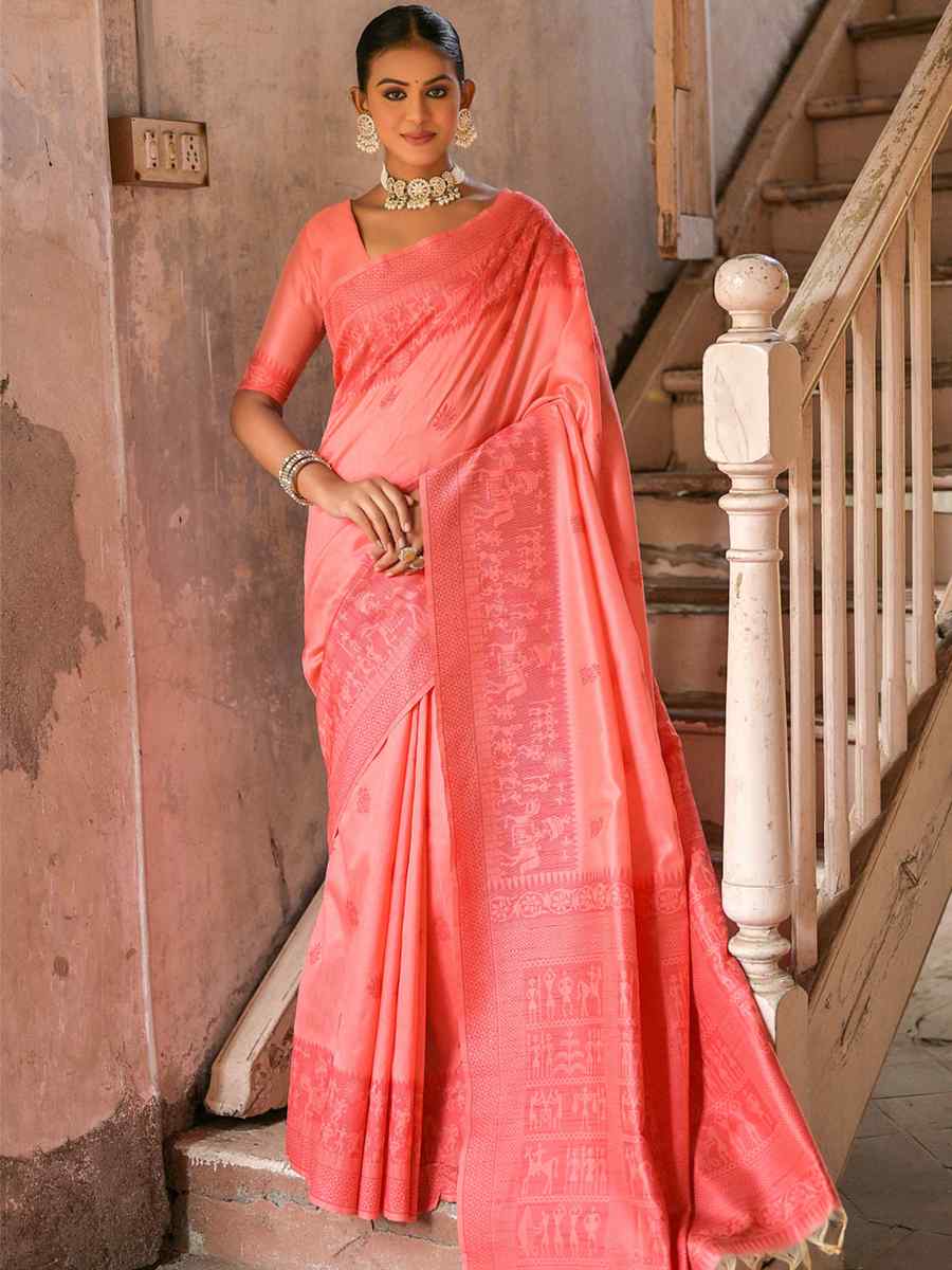 Red Raw Silk Handwoven Casual Festival Heavy Border Saree