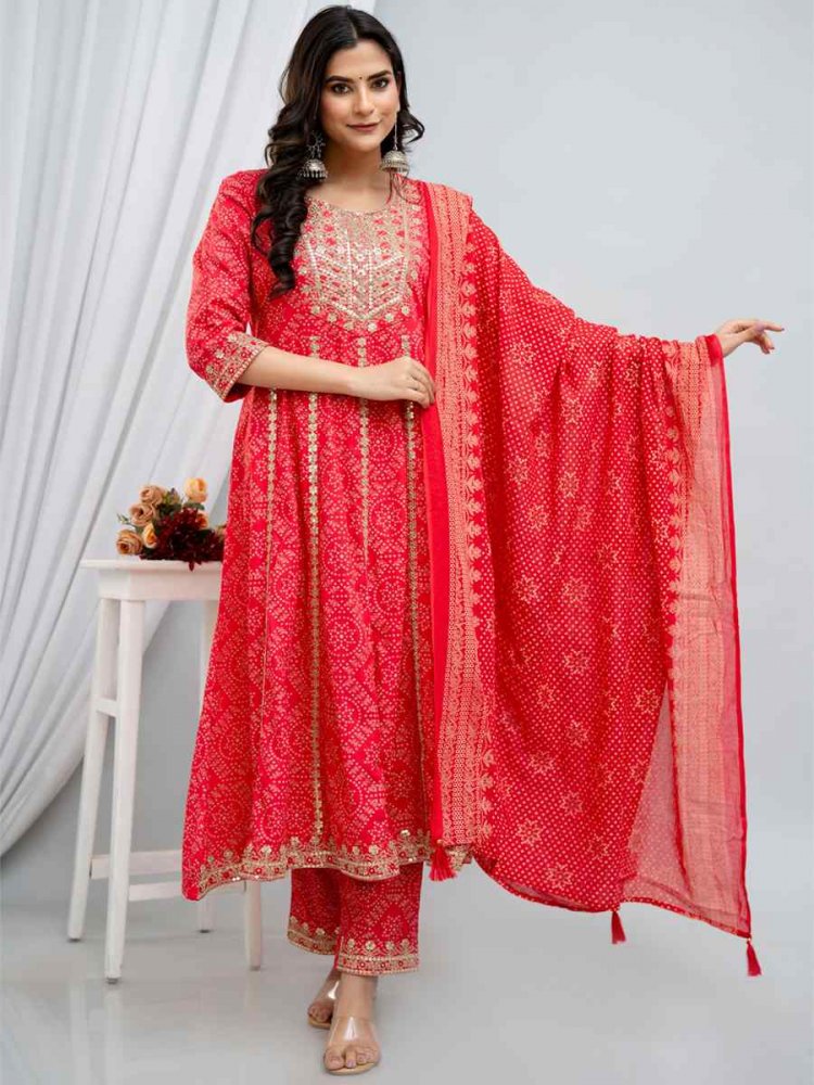 Red Rayon Cotton Printed Casual Festival Pant Salwar Kameez