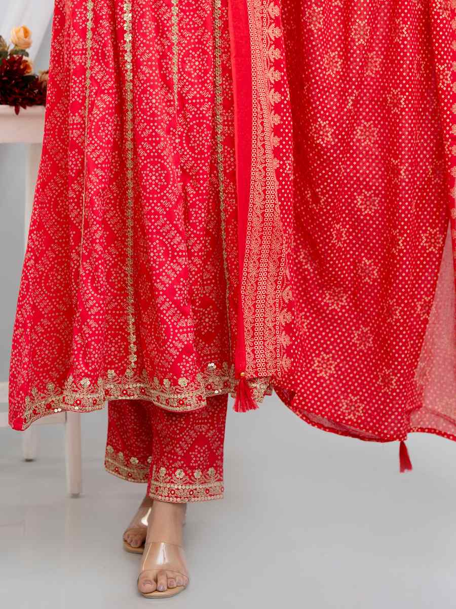Red Rayon Cotton Printed Casual Festival Pant Salwar Kameez