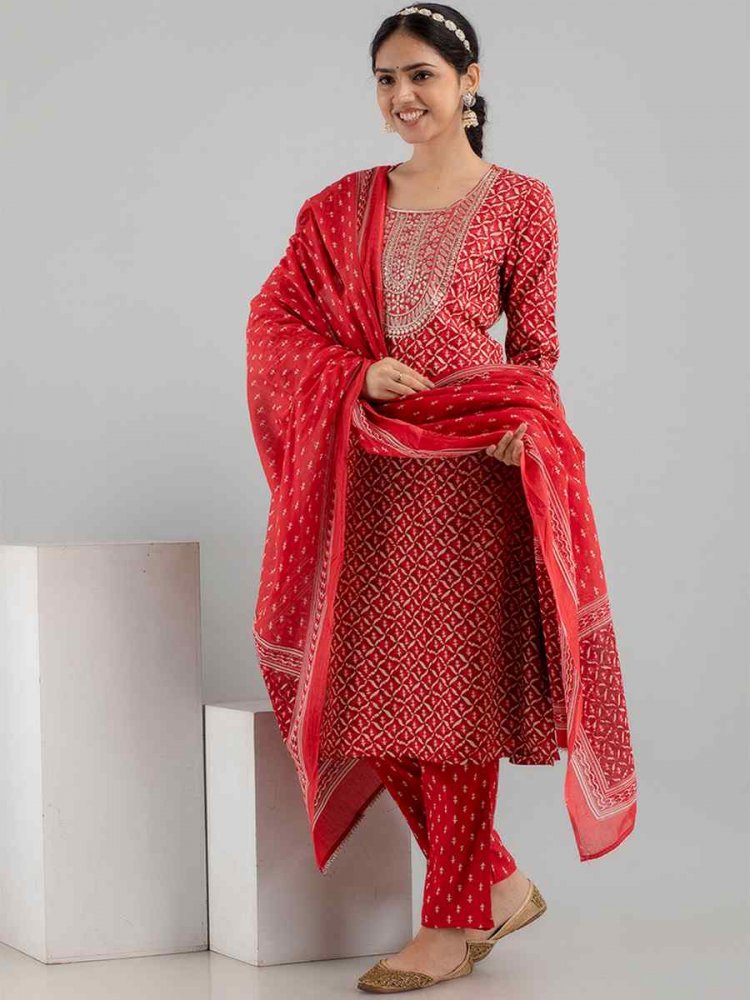 Red Rayon Cotton Printed Festival Casual Ready Pant Salwar Kameez