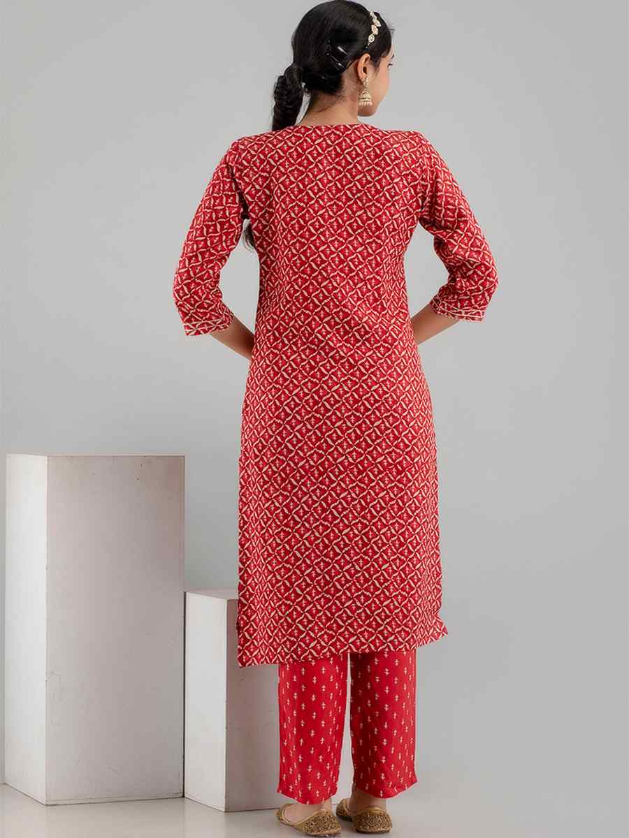 Red Rayon Cotton Printed Festival Casual Ready Pant Salwar Kameez