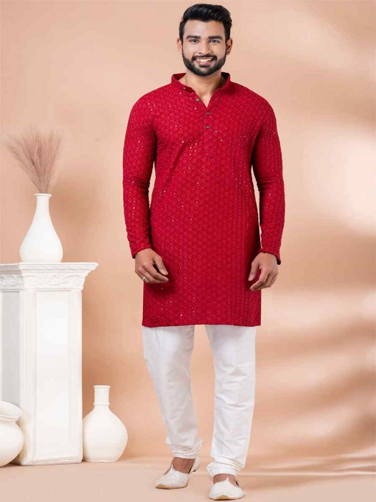 Red Rayon Embroidered Festival Casual Kurta